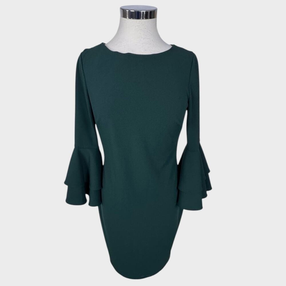 Calvin Klein Womens Size 8 Dark Green Fitted Sheath Dress Ruffled Bell Sleeves